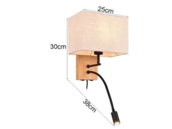 LED Wandlampe mit Leselampe Schalter & Stecker, Holz mit Stoffschirm H: 30cm