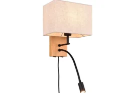 LED Wandlampe mit Leselampe Schalter & Stecker, Holz mit Stoffschirm H: 30cm