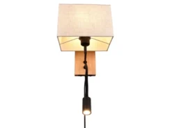 LED Wandlampe mit Leselampe Schalter & Stecker, Holz mit Stoffschirm H: 30cm
