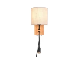 LED Wandlampe mit Leselampe Schalter & Stecker, Holz mit Stoffschirm H: 30cm