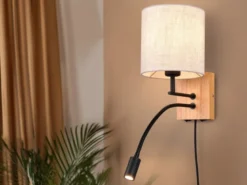 LED Wandlampe mit Leselampe Schalter & Stecker, Holz mit Stoffschirm H: 30cm
