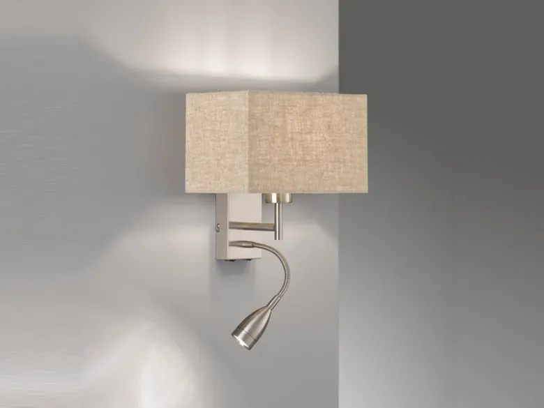 LED Wandlampe mit Leselampe & Stoffschirm Beige eckig, Höhe 38cm