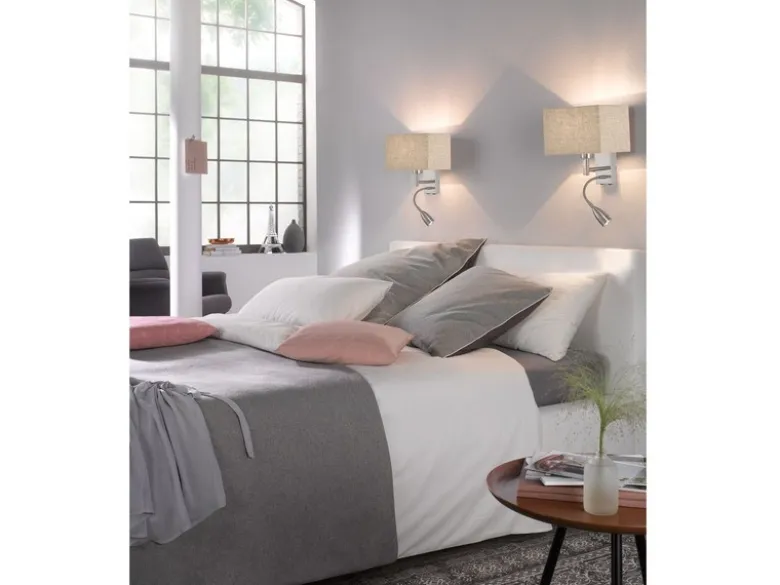 LED Wandlampe mit Leselampe & Stoffschirm Beige eckig, Höhe 38cm