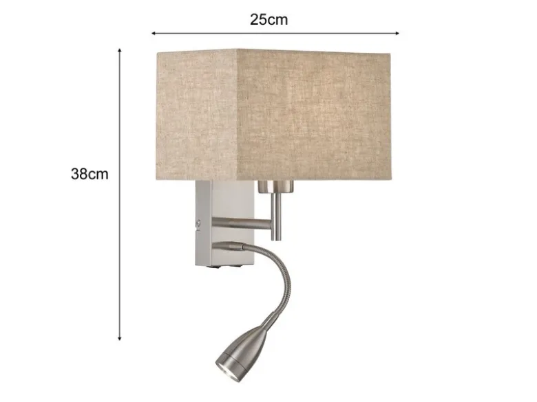 LED Wandlampe mit Leselampe & Stoffschirm Beige eckig, Höhe 38cm