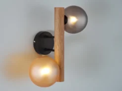 LED Wandleuchte aus Holz 2-flammig Glaskugeln Rauchglas & Bernstein, Höhe 32cm