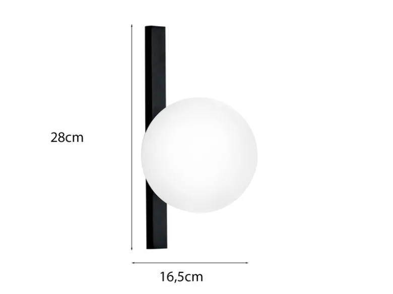 LED Wandleuchte 1-flammig Schwarz mit Glaskugel Opalweiß, Höhe 28cm
