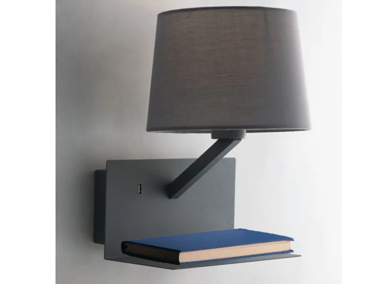 LED Wandleuchte Grau & Stoffschirm mit USB Ladefunktion & Ablage, Höhe 31cm