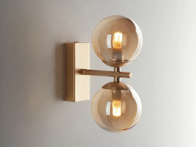 LED Wandleuchte in Gold mit Glaskugeln in Bernstein, Höhe 34cm