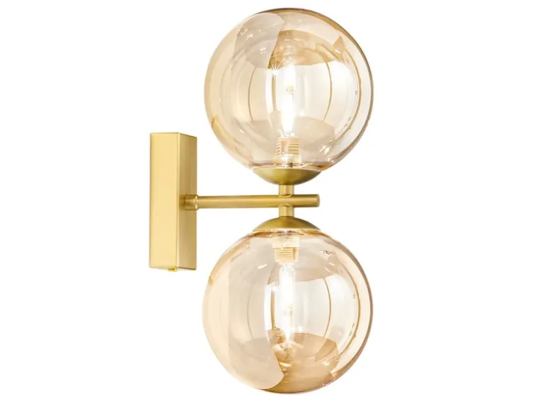 LED Wandleuchte in Gold mit Glaskugeln in Bernstein, Höhe 34cm