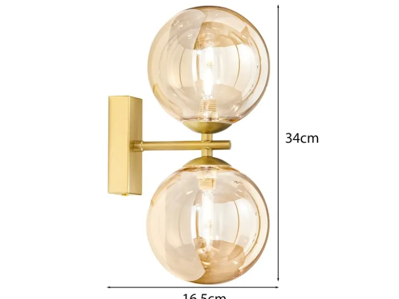 LED Wandleuchte in Gold mit Glaskugeln in Bernstein, Höhe 34cm
