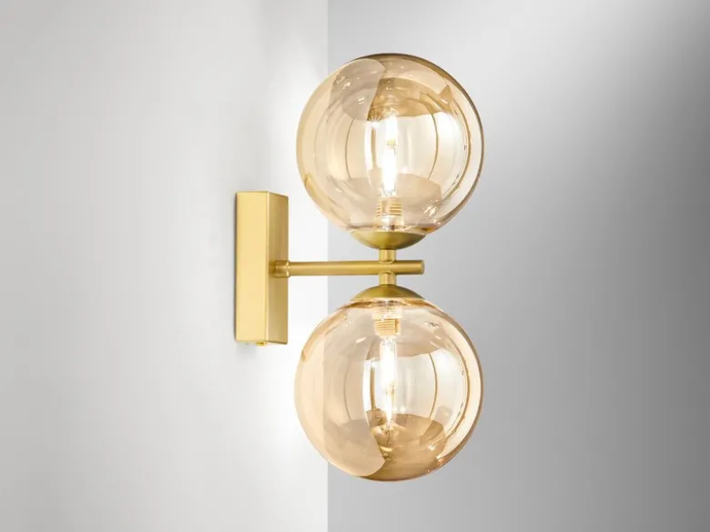 LED Wandleuchte in Gold mit Glaskugeln in Bernstein, Höhe 34cm