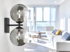 LED Wandleuchte in Schwarz mit Glaskugeln Rauchglas, Höhe 34cm