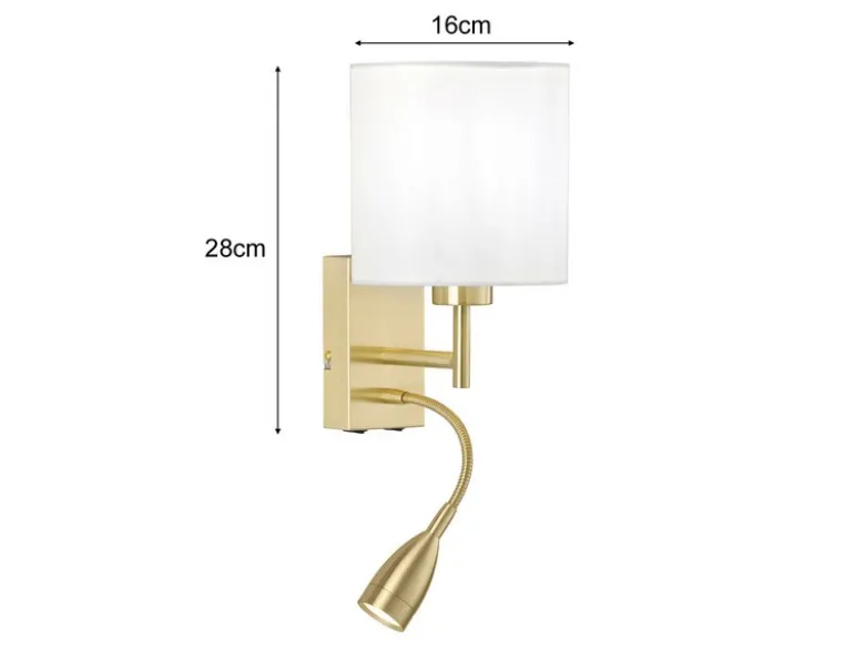 LED Wandleuchte Messing mit Leselampe & Stoffschirm Weiß, Höhe 24cm
