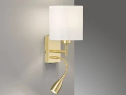 LED Wandleuchte Messing mit Leselampe & Stoffschirm Weiß, Höhe 24cm