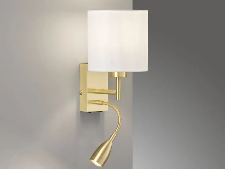 LED Wandleuchte Messing mit Leselampe & Stoffschirm Weiß, Höhe 24cm