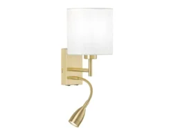 LED Wandleuchte Messing mit Leselampe & Stoffschirm Weiß, Höhe 24cm