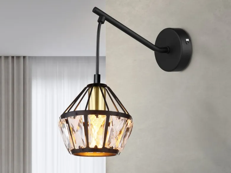LED Wandleuchte mit Glaskristallen Metall Schwarz Gold, Höhe 25cm