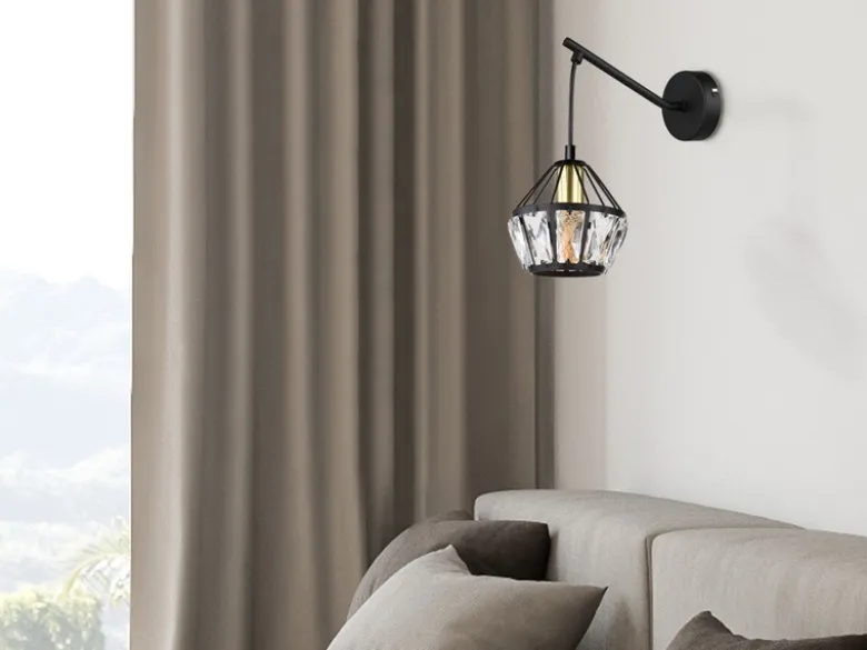 LED Wandleuchte mit Glaskristallen Metall Schwarz Gold, Höhe 25cm