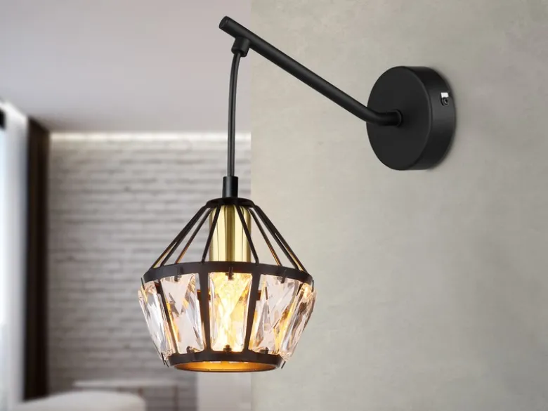 LED Wandleuchte mit Glaskristallen Metall Schwarz Gold, Höhe 25cm