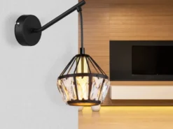 LED Wandleuchte mit Glaskristallen Metall Schwarz Gold, Höhe 25cm