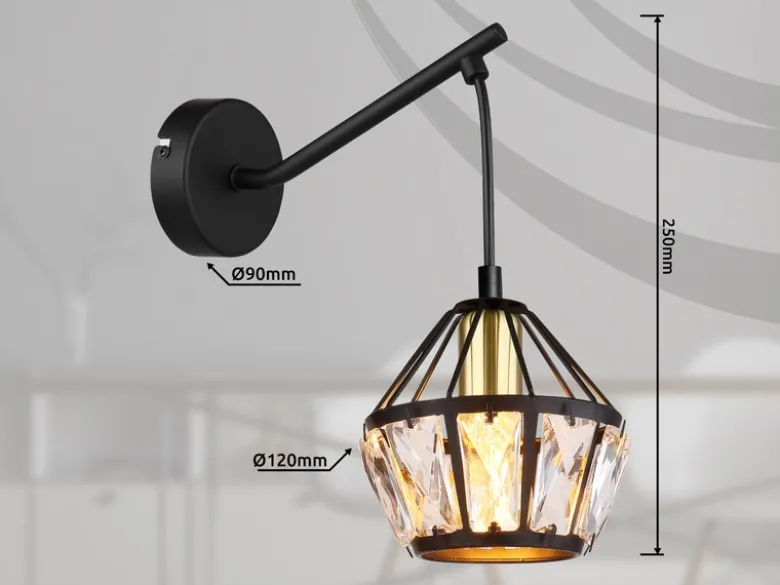 LED Wandleuchte mit Glaskristallen Metall Schwarz Gold, Höhe 25cm