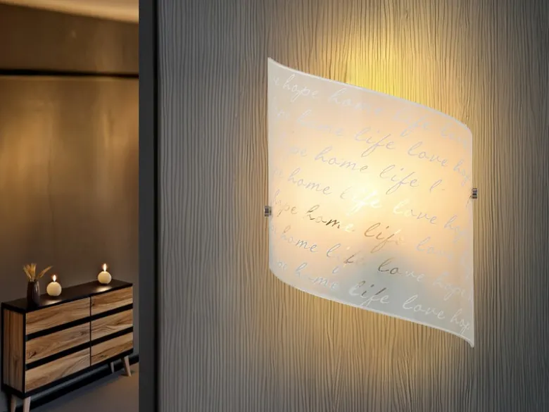 LED Wandleuchte mit Glasschirm satiniert & Schrift Dekor, Höhe 30cm