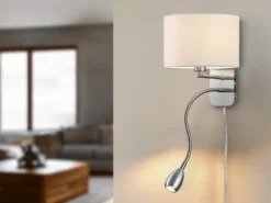 LED Wandleuchte mit Leselampe, Schalter & Stecker, Stoffschirm Weiß, Höhe 23,5cm