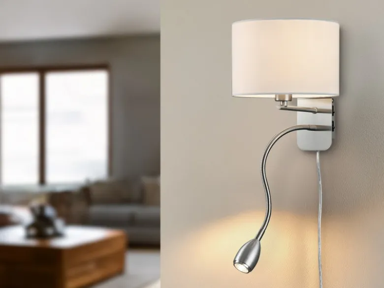 LED Wandleuchte mit Leselampe, Schalter & Stecker, Stoffschirm Weiß, Höhe 23,5cm