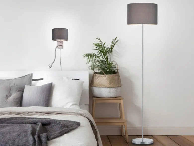 LED Wandleuchte mit Leselampe, Schalter & Stecker, Stoffschirm Grau, Höhe 23,5cm