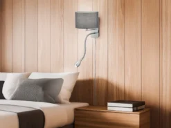 LED Wandleuchte mit Leselampe, Schalter & Stecker, Stoffschirm Grau, Höhe 23,5cm
