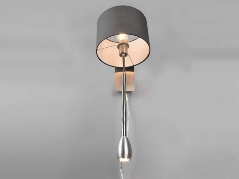 LED Wandleuchte mit Leselampe, Schalter & Stecker, Stoffschirm Grau, Höhe 23,5cm