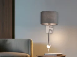LED Wandleuchte mit Leselampe, Schalter & Stecker, Stoffschirm Grau, Höhe 23,5cm