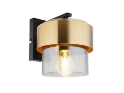 LED Wandleuchte mit Rauchglas Lampenschirm Messingring, Höhe 21,5cm