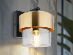 LED Wandleuchte mit Rauchglas Lampenschirm Messingring, Höhe 21,5cm