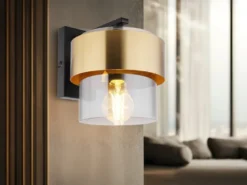 LED Wandleuchte mit Rauchglas Lampenschirm Messingring, Höhe 21,5cm