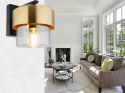 LED Wandleuchte mit Rauchglas Lampenschirm Messingring, Höhe 21,5cm
