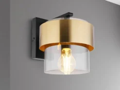 LED Wandleuchte mit Rauchglas Lampenschirm Messingring, Höhe 21,5cm