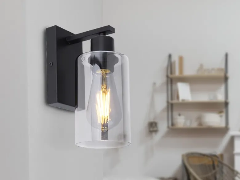 LED Wandleuchte mit Rauchglas Lampenschirm Metall Schwarz, Höhe 23cm