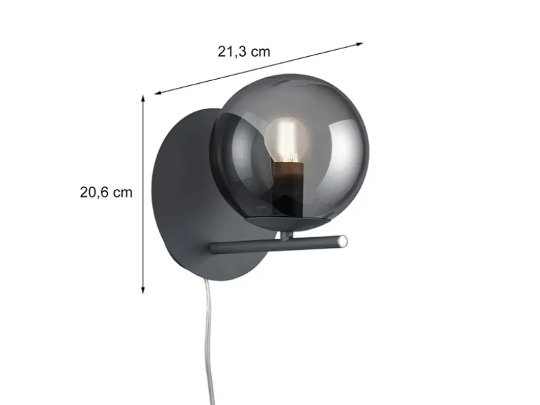 LED Wandleuchte mit Schalter, Kabel und Stecker, Rauchglas Kugel, Höhe 21cm