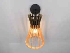 LED Wandleuchte mit Schalter & Lamellen Lampenschirm in Holzoptik, Höhe 24cm