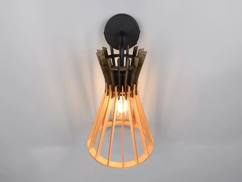 LED Wandleuchte mit Schalter & Lamellen Lampenschirm in Holzoptik, Höhe 24cm