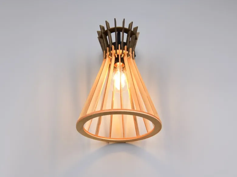 LED Wandleuchte mit Schalter & Lamellen Lampenschirm in Holzoptik, Höhe 24cm