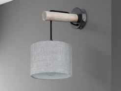 LED Wandleuchte mit Schalter, Holz und Stoffschirm Grau, Höhe 33,5cm
