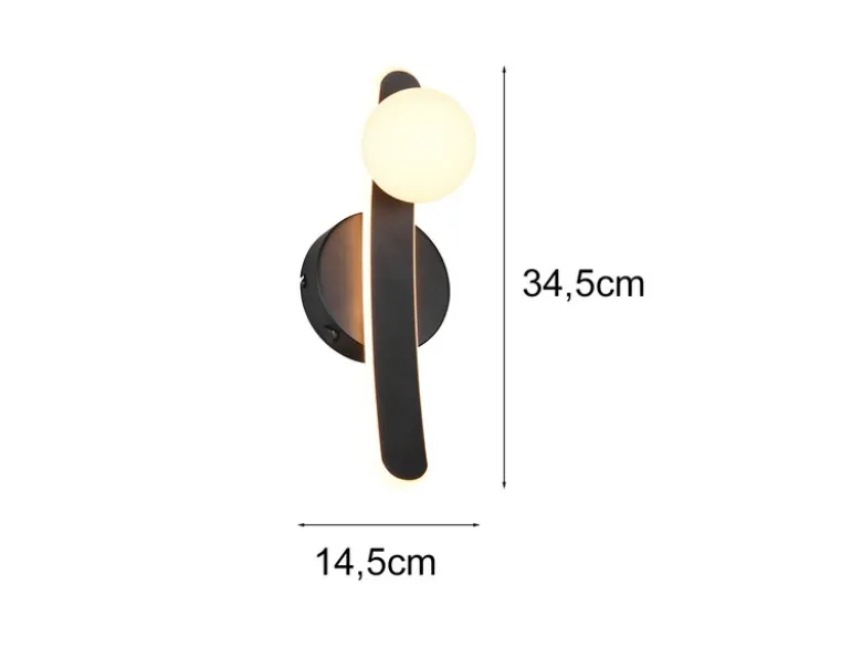 LED Wandleuchte NAPOLI Schwarz mit Schalter & Glaskugel Weiß, Höhe 34,5cm