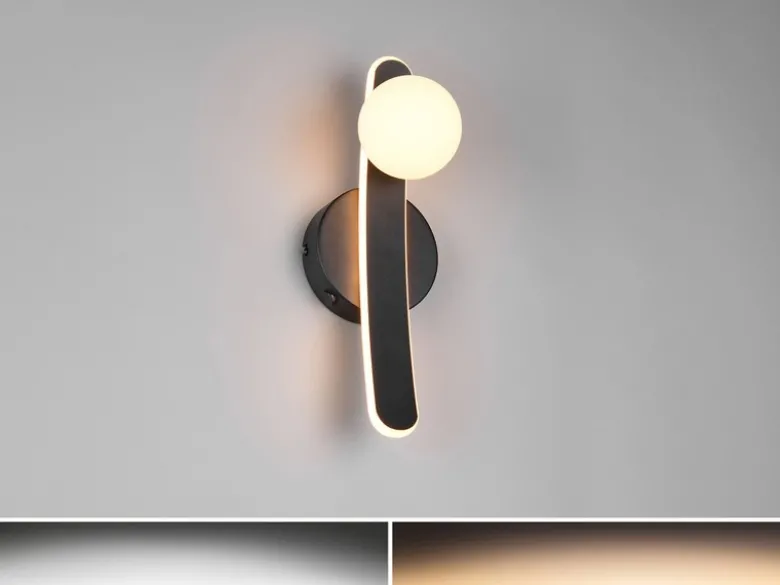 LED Wandleuchte NAPOLI Schwarz mit Schalter & Glaskugel Weiß, Höhe 34,5cm