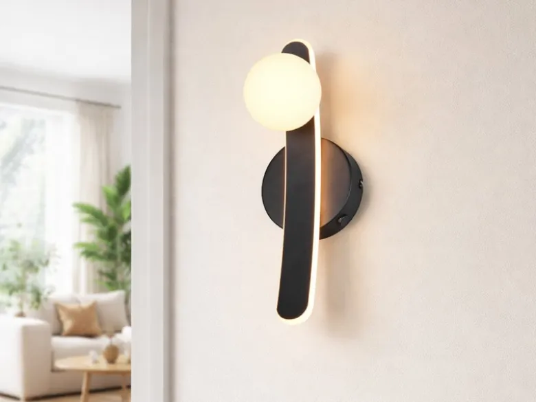 LED Wandleuchte NAPOLI Schwarz mit Schalter & Glaskugel Weiß, Höhe 34,5cm