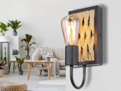 LED Wandleuchte Seillampe mit Korbgeflecht Metall Schwarz, Höhe 28cm
