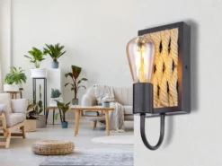 LED Wandleuchte Seillampe mit Korbgeflecht Metall Schwarz, Höhe 28cm