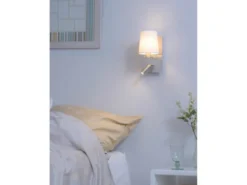 LED Wandleuchte Silber mit schwenkbarem Leselicht & Stoffschirm Weiß, Höhe 31cm