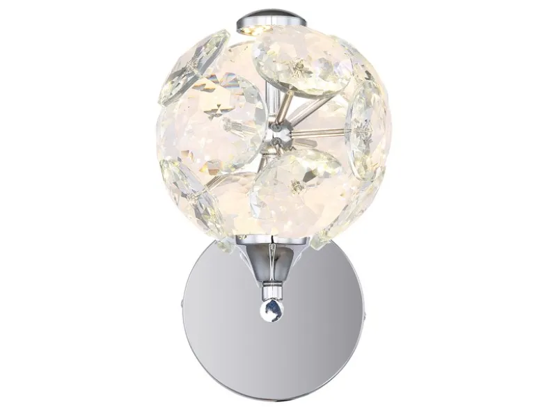 LED Wandleuchte VIRINA Silber Chrom mit Glaskugel aus K9 Kristallen, Höhe 24cm
